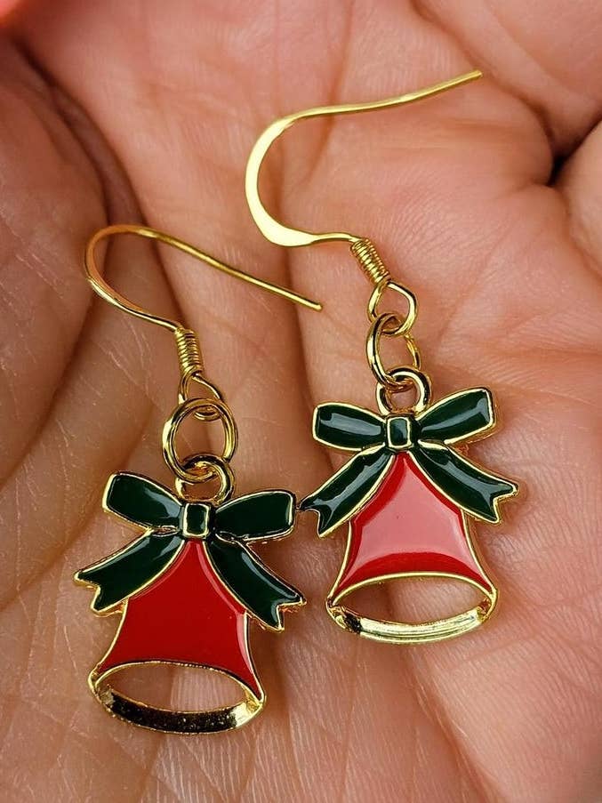 Christmas Bell Earrings, Red & Green Holiday Dangle Earrings for wholesale by Bad Apple Designs