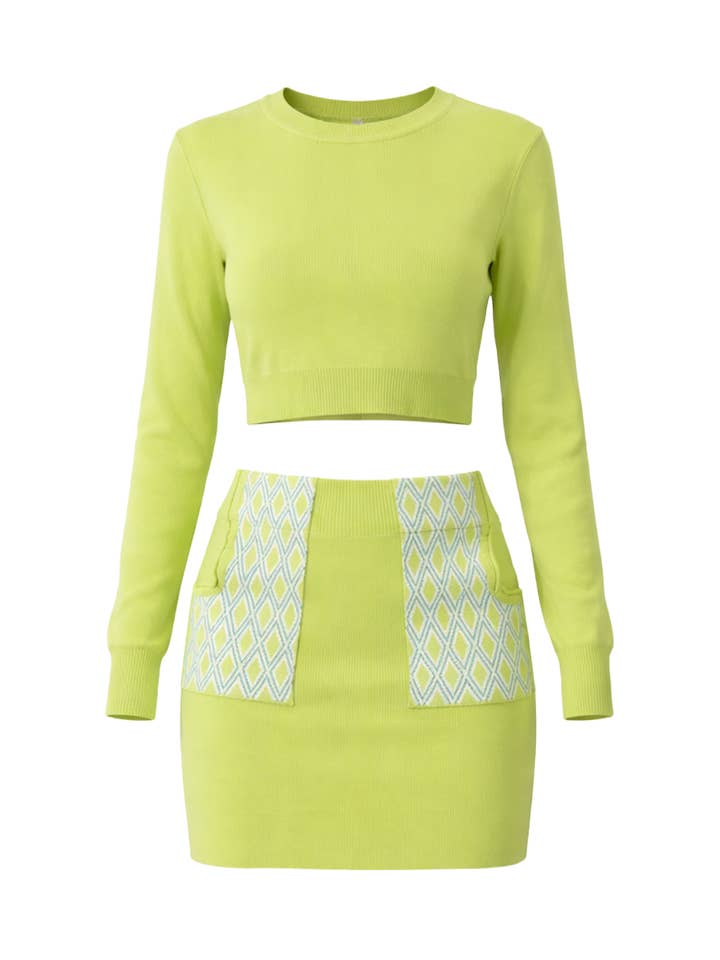 Top de malha de manga comprida e mini saia com detalhes de bolso estampados por atacado de RIVIR