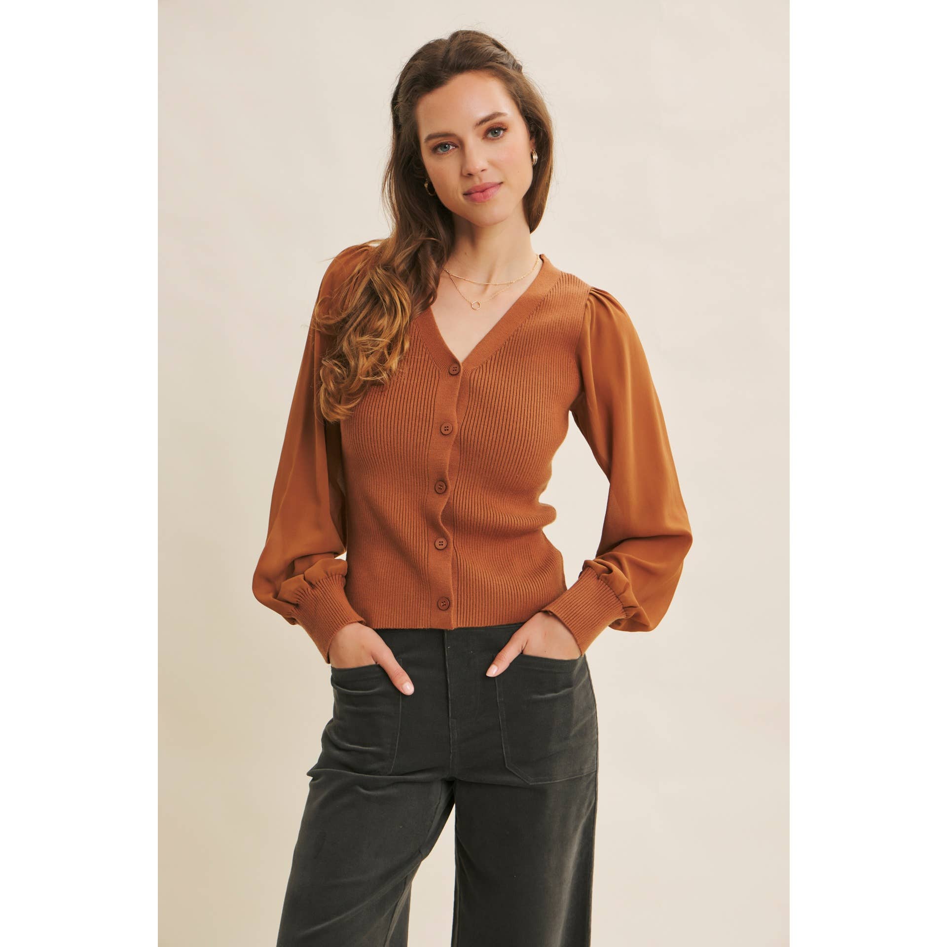 in february - Wholesale Cardigan - Women's - FITTED RIB SWEATER CARDIGAN WITH SHEER CHIFFON SLEEVES1