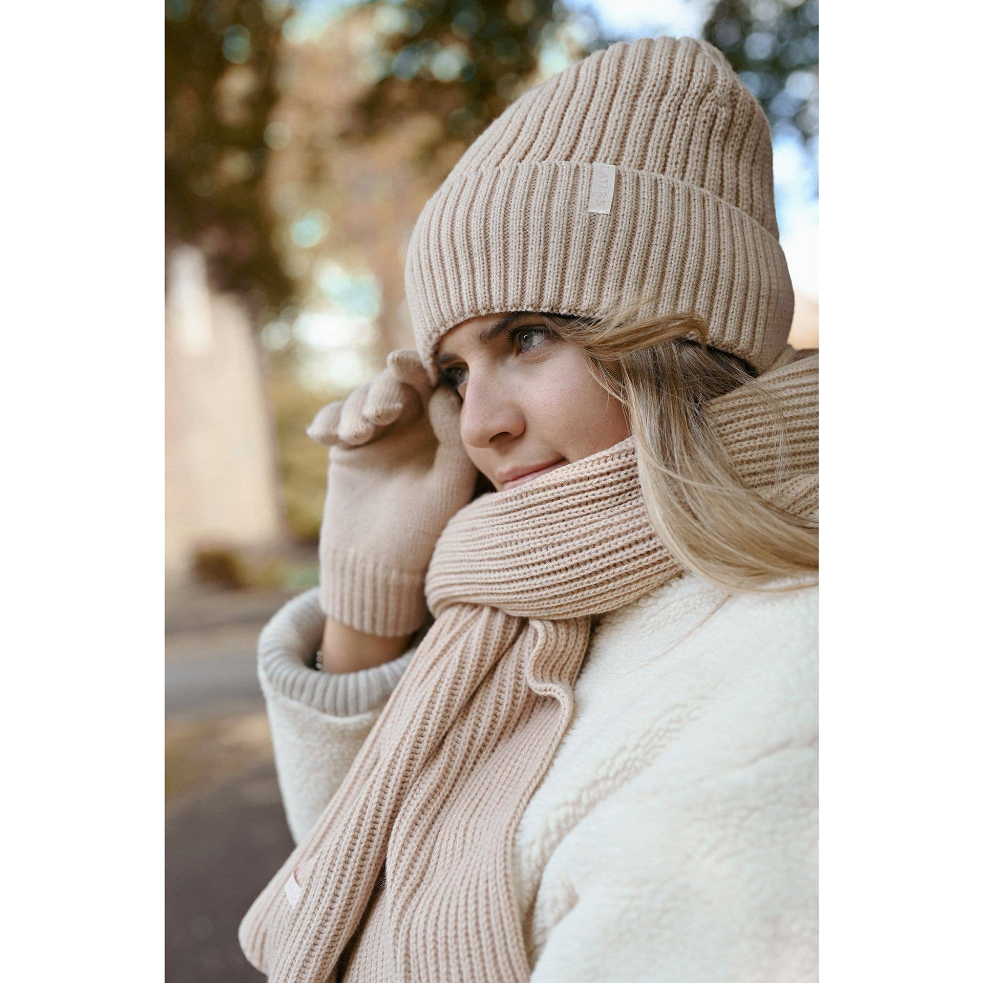 WIDDOP and Co. - Wholesale Socks - Unisex - Sophia Layers Cosy Knit Hat Glove & Scarf Gift Set - Nude7