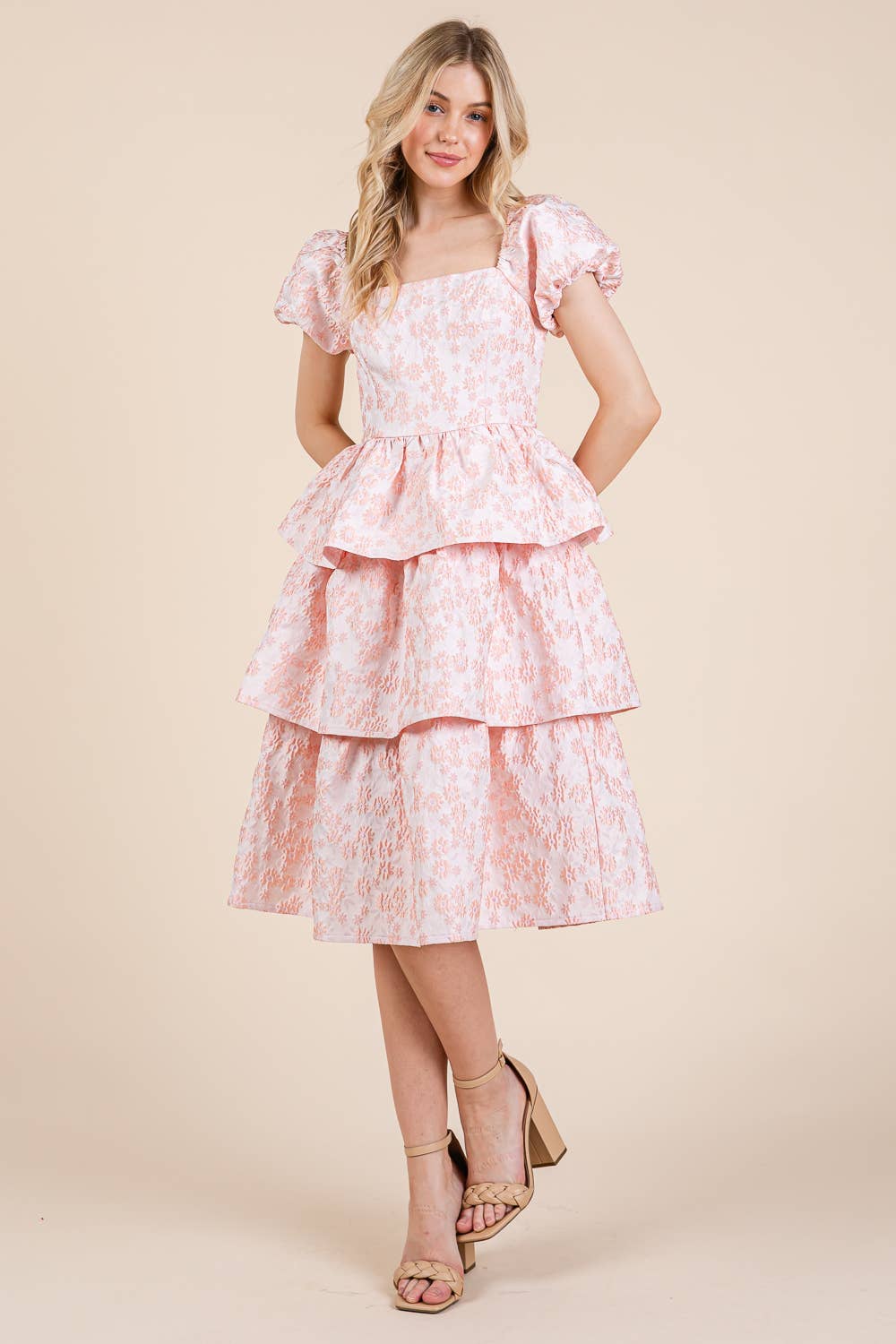 GeeGee x Lovelo - Wholesale Jurk - Dames - Floral Jacquard Gelaagde Midi Jurk, MD515487