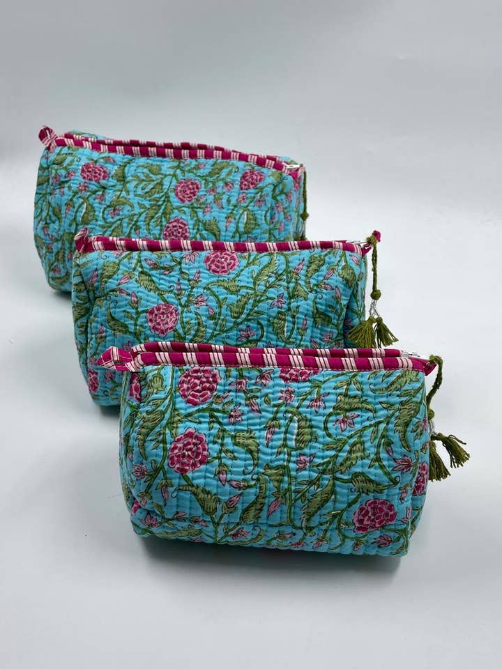 100% bomuld quiltet vaskeposesæt med 3 små, mellem og store for engroshandel hos Funky Yak Ltd