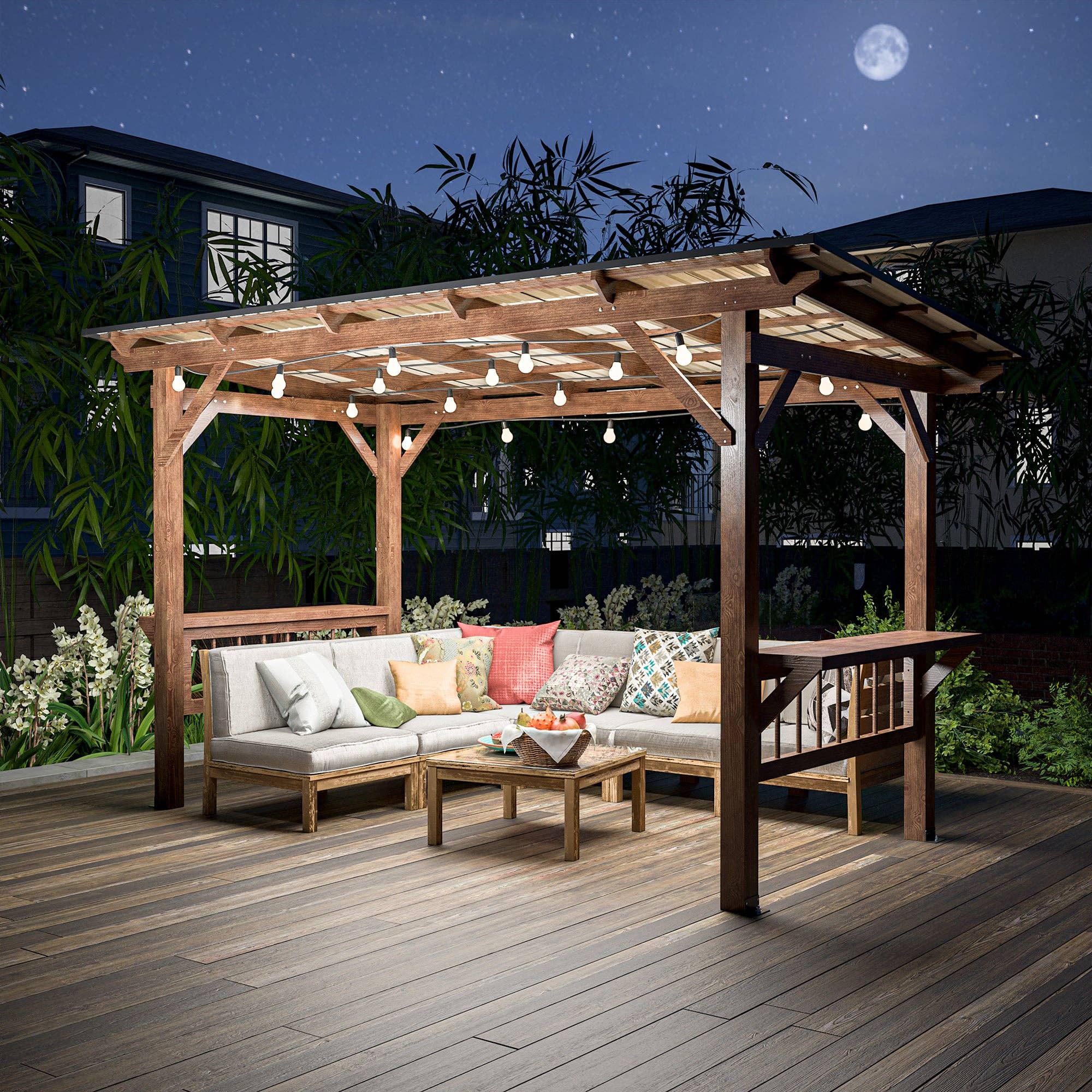 39F Inc. - Wholesale Outdoor Ornament/Decor - 13'x6.5' Wooden Pergola Grill Gazebo w/Metal Roof & Bulbs9
