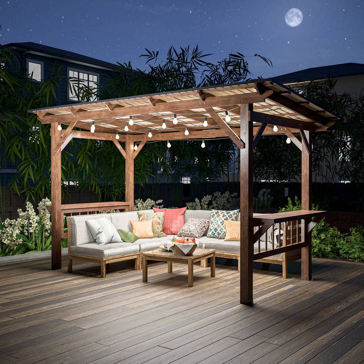 39F Inc. - Wholesale Outdoor Ornament/Decor - 13'x6.5' Wooden Pergola Grill Gazebo w/Metal Roof & Bulbs9