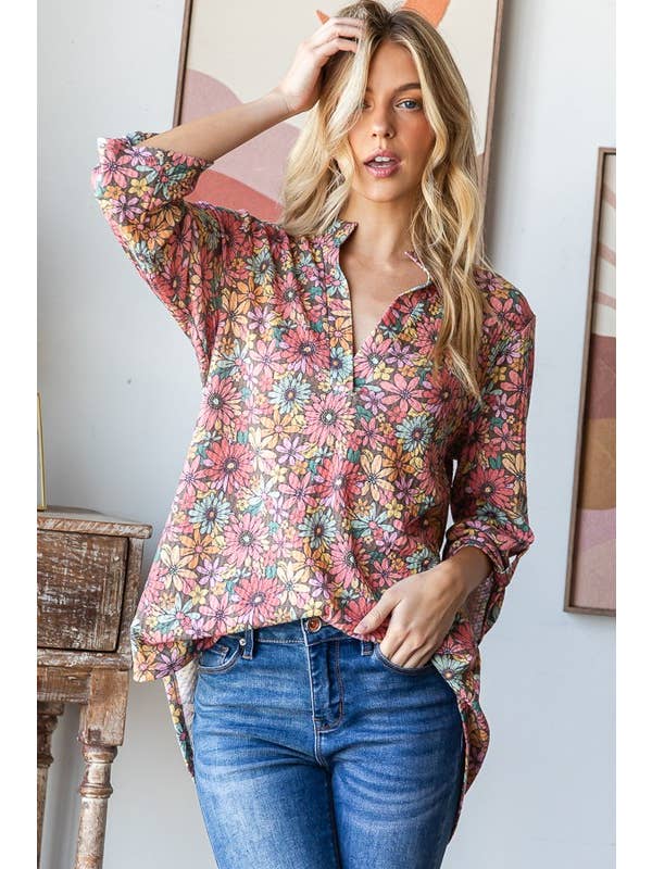 MOCHA MULTI ST1002-108 THREE QUARTER BUTTON SLEEVE MANDARIN FLORAL TOP for wholesale on Faire