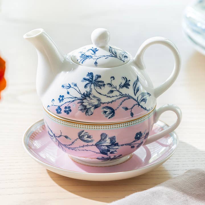 Grace Teaware - Wholesale Tea Set - Blue Blossom Pink Fine Porcelain Tea For One Set0