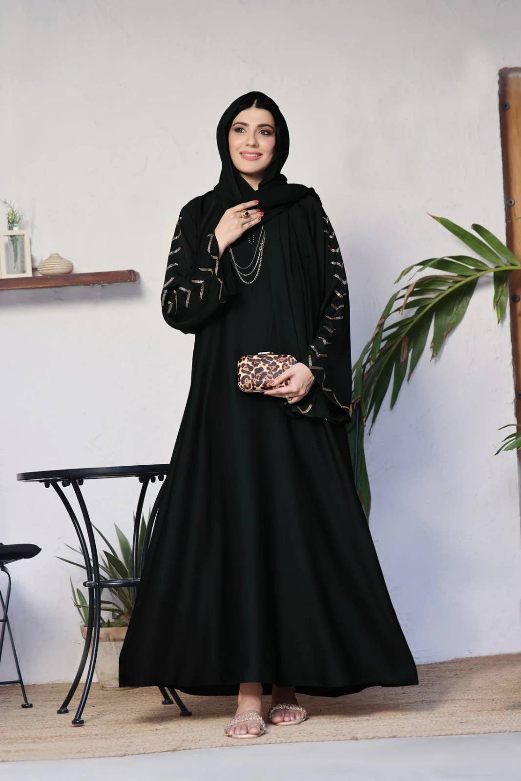 Zod – Kaftan - Mulher por atacado – Abaya Bareerah preta clássica com bordado em pedra e hijab de chiffon coreano0