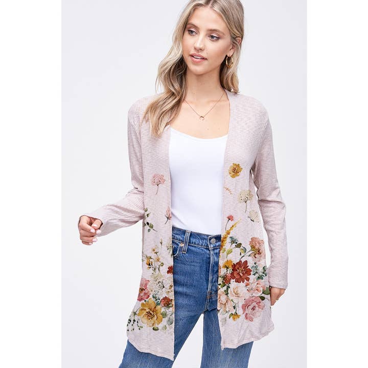 Cardigan côtelé à manches longues à imprimé floral pour la vente par Phil Love