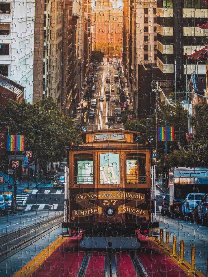 California St. Cable Car 500-Piece Puzzle by Emanuel DeSousa for wholesale by Oakland Puzzle Company