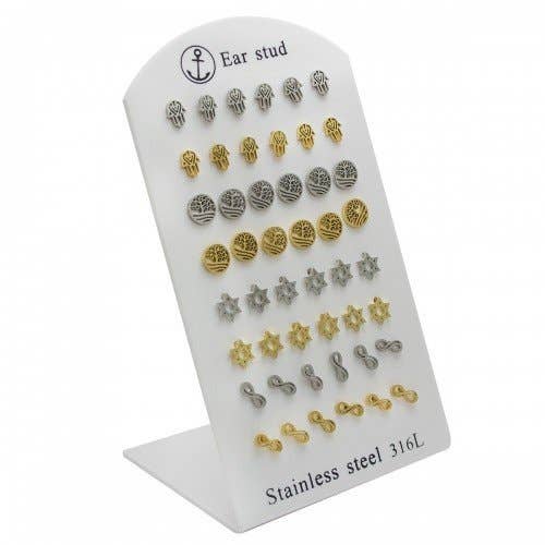 Stainless Steel Spiritual Earring Display for wholesale by AAB Style Inc.