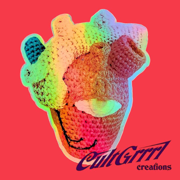 Crochet Human Heart w/Albino Eye Holographic Sticker for wholesale by CultGrrrl Creations