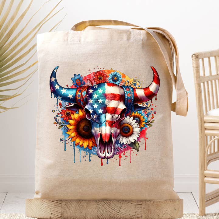 Patriotisk kokranium med blomster - Lærredstote taske for engroshandel hos Dark Horse Dream Designs LLC
