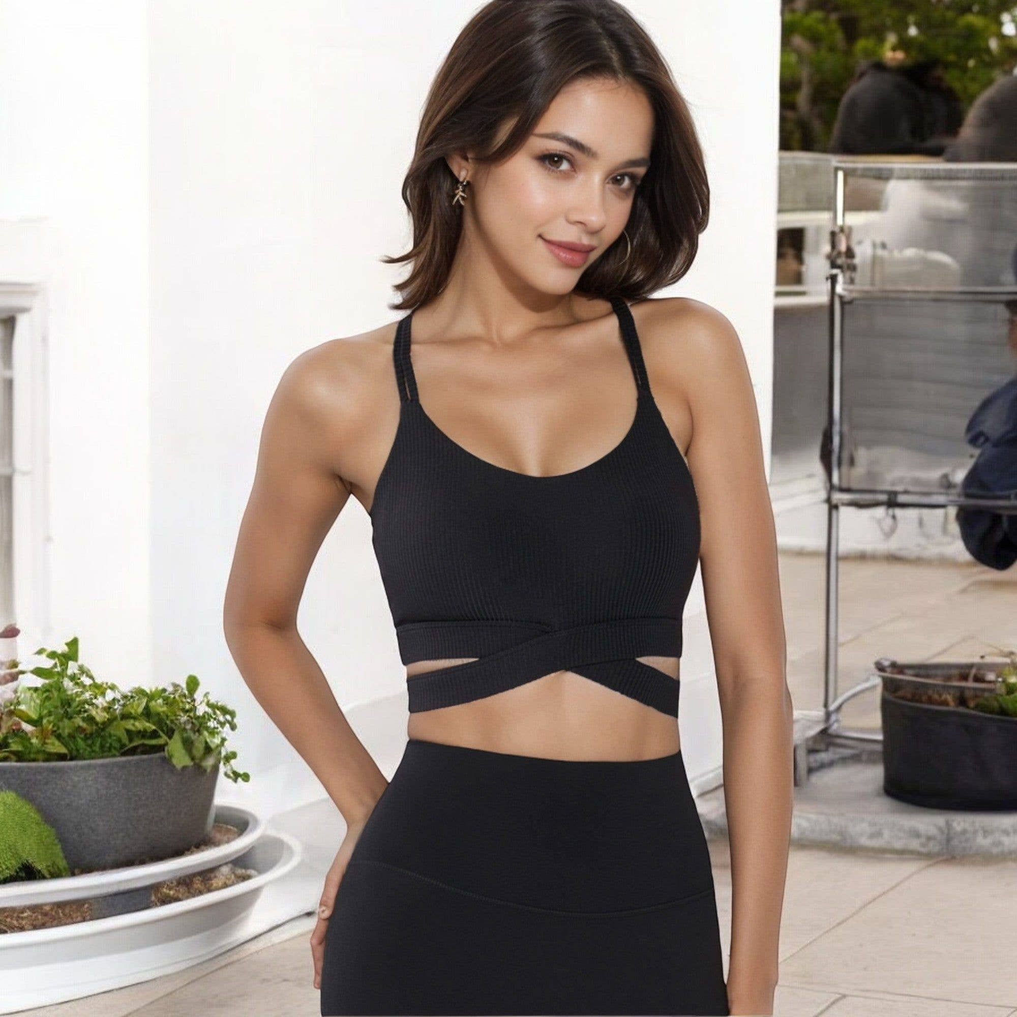 Active by Anna-Kaci - Vente Brassière de sport – femme - Brassière de sport à bretelles croisées côtelée avec double détail de bretelles11