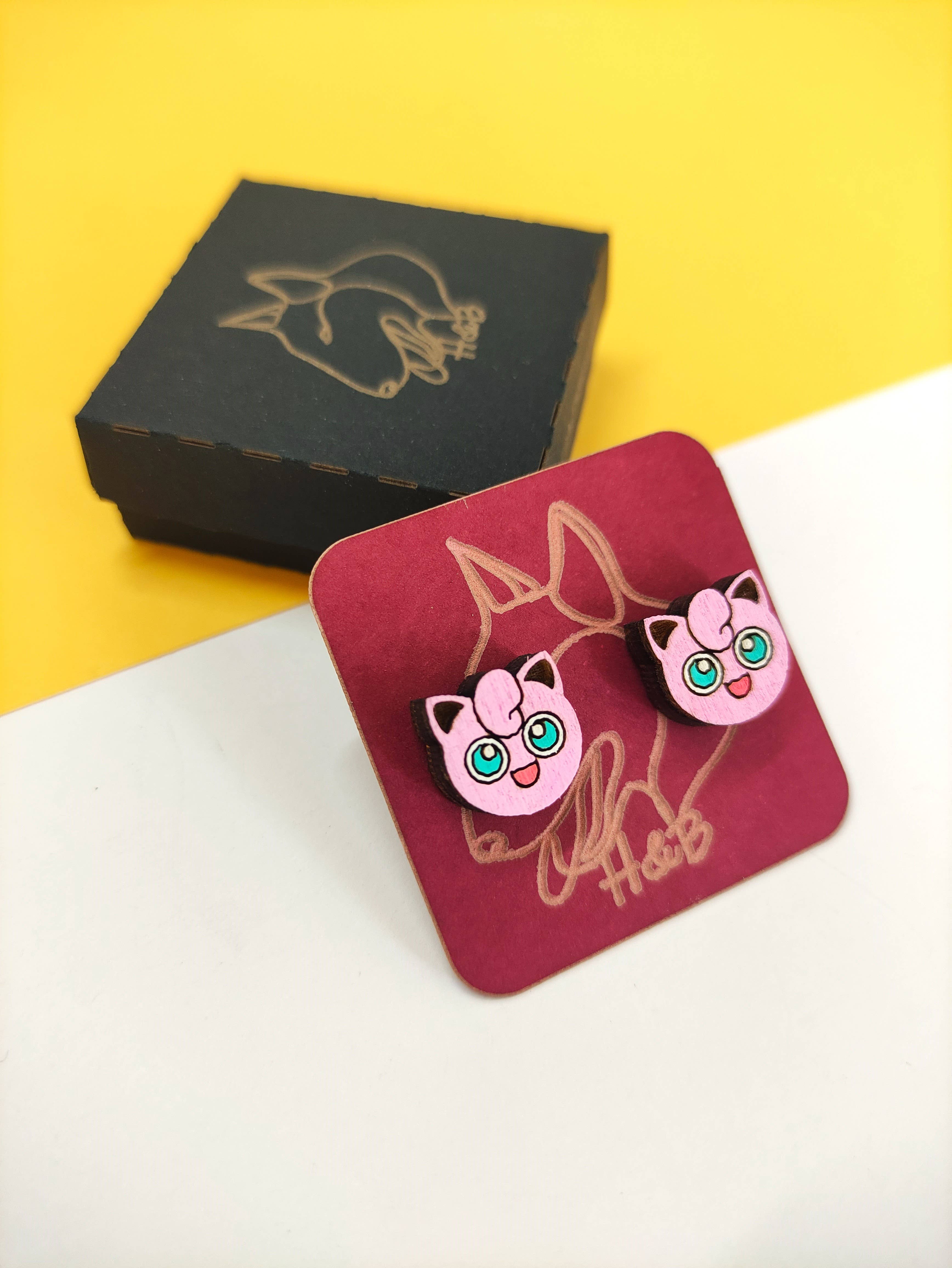 Herbs&Belles - Wholesale Stud/Post Earrings - Wooden Colorful Pokémon Earrings, Jigglypuff, Anime, Geek1