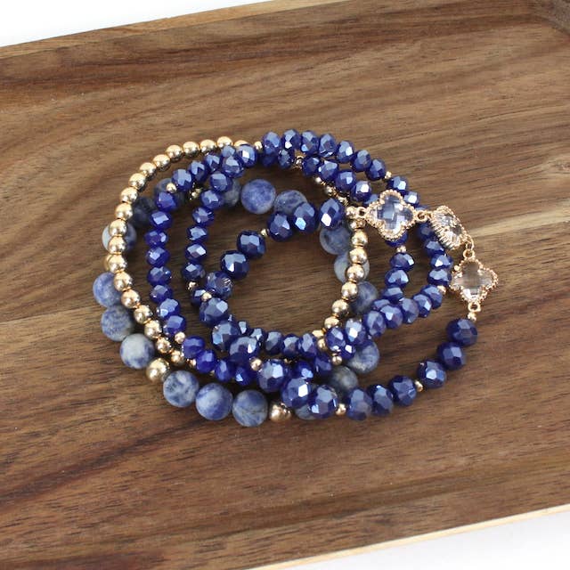 Pretty Persuasions - Wholesale Beaded Bracelet - B24106 5 Row Mixed Stone/Clover Glass Beads Stretch Bracelet