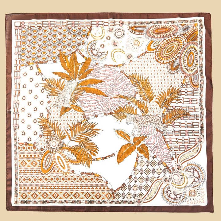 Brown Geometric Leaf Pattern Square Bandana Scarf for wholesale by ELTENAJ