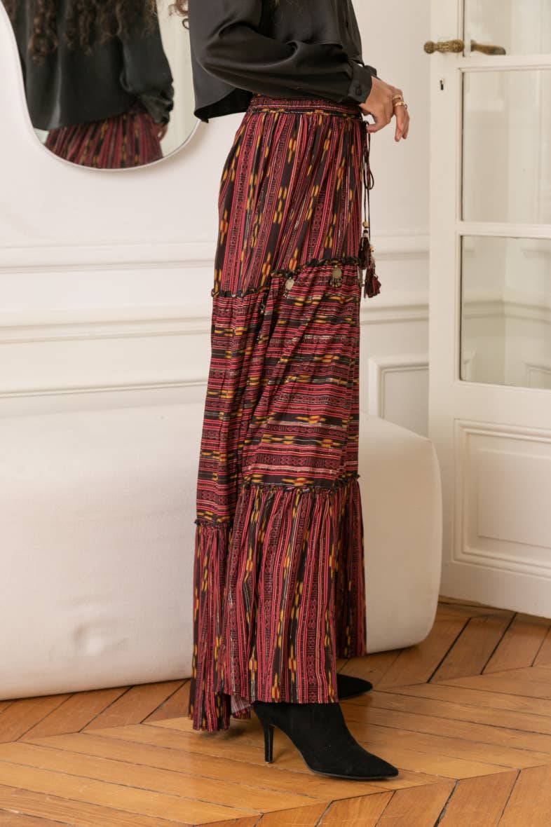 BURGUNDY Long skirt printed with LUREX, embroidered with sequins and serrab for wholesale on Faire3