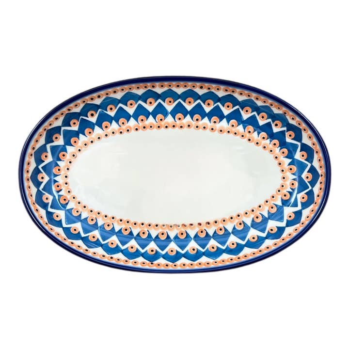 Oval Dish, 8.5" x 13.75", WR (WR13E) in "Turquoise Diamond" by W.R. Ceramika | WR13E-NP16 for wholesale by Polish Pottery Outlet