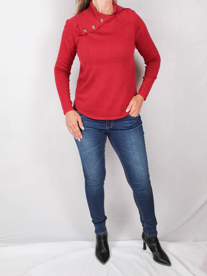 F21103-R - Red - Split Neck Sweater A771 for wholesale by K & C Clothing, Inc.