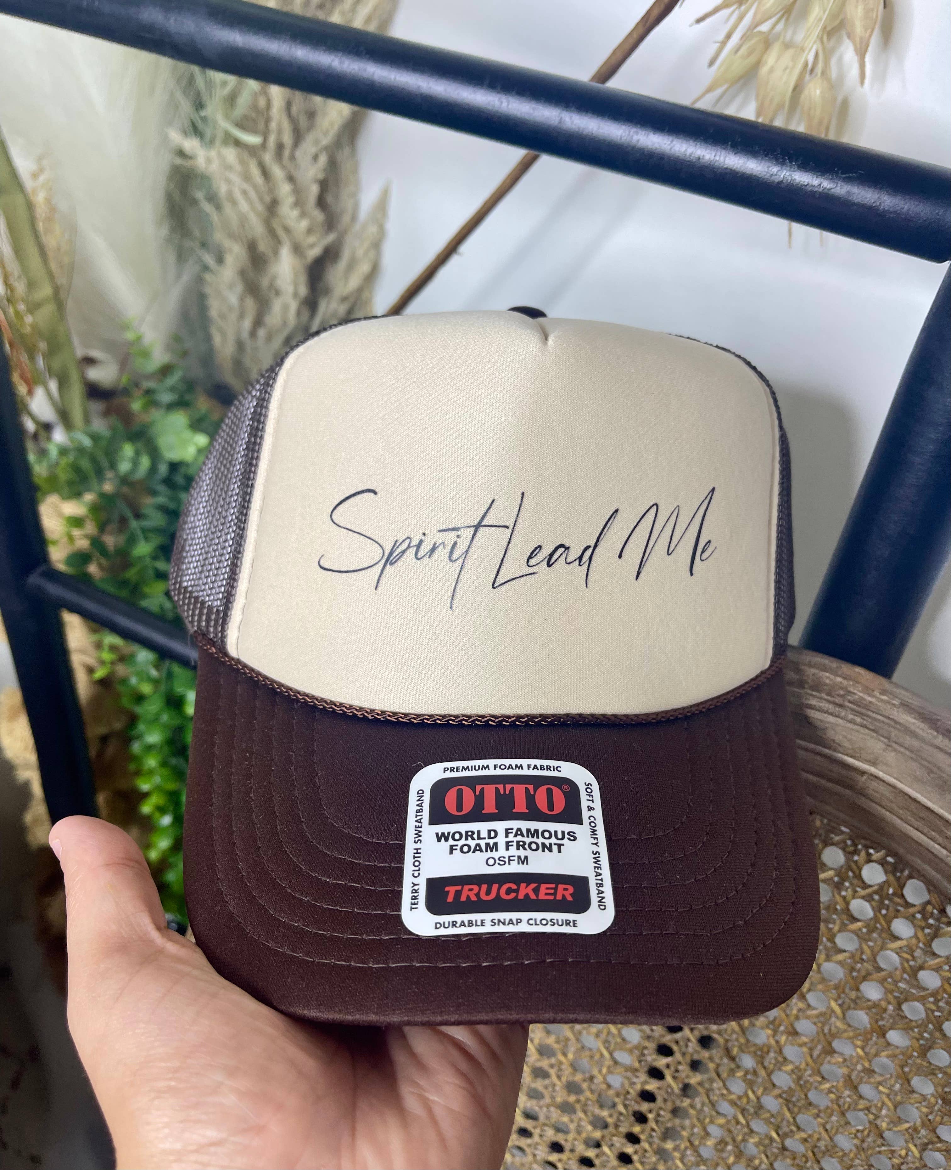 Chocolate and Tan Spirit Lead Me Trucker Hat for wholesale on Faire