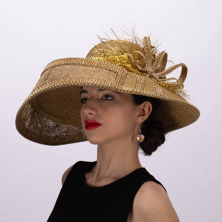 KaKyCo - Vente Chapeau de paille – femme - Chapeau métallique de luxe avec détails en sinamay et strass AJ760M4