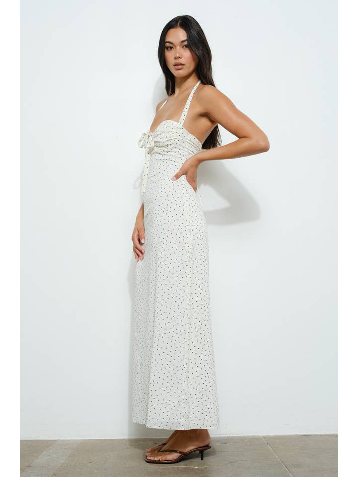 Ivory POLKA DOT HALTER NECK MAXI DRESS for wholesale on Faire