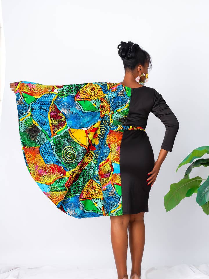 Vestido Ajustado Combinado de Estampado Misto Ankara Totalmente Ornamentado - Stella por atacado de CUMO London