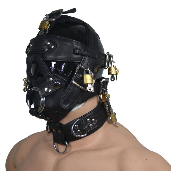 Meninleather - Wholesale Costume - Unisex - Leather Gear Face Hood Fetish Bondage Muzzle Gag Dildo Rings Locking Buckles