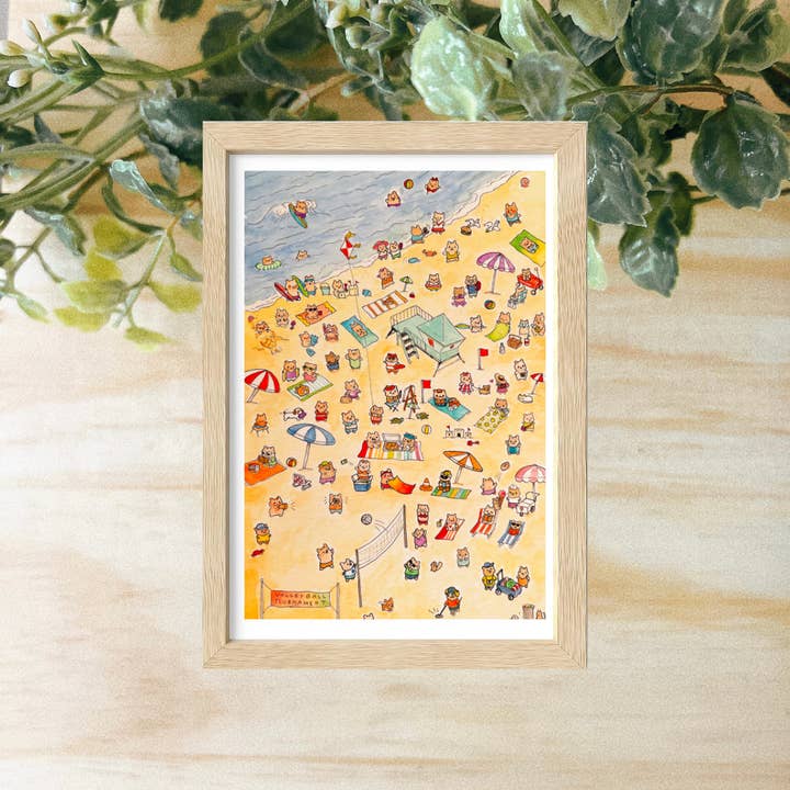 Stampa artistica A Busy Beach in Hamsterville, 10,2 x 15,2 cm per la vendita all'ingrosso da parte di Seenee Scribbles