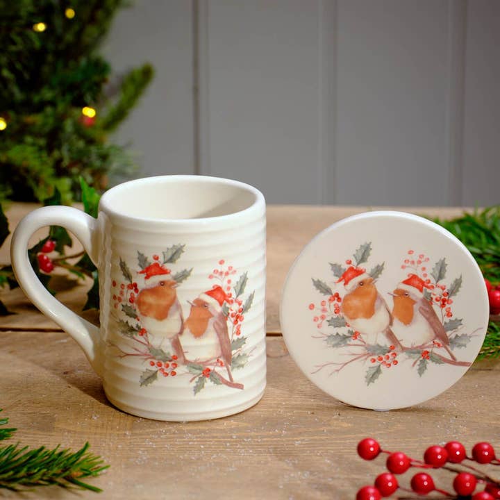 Festive Robin Ceramic Mug and Coaster Set Boxed for wholesale by Langs