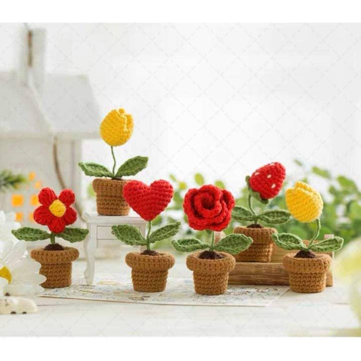 TOMOPOD LLC - Wholesale Artificial Flowers - Mini Crochet Flower Pot, Crochet Sunflower Rose Daisy Plant