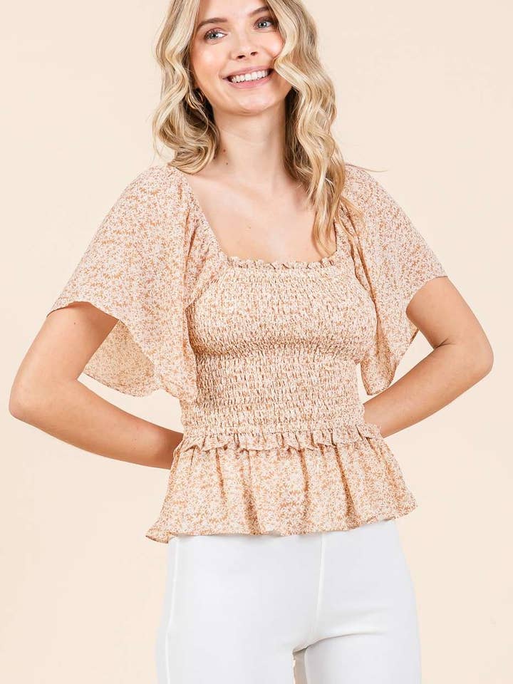 FLOWER PRINT SMOCKED RUFFLE FLUTTER SLEEVE BLOUSE for wholesale by mittoshop