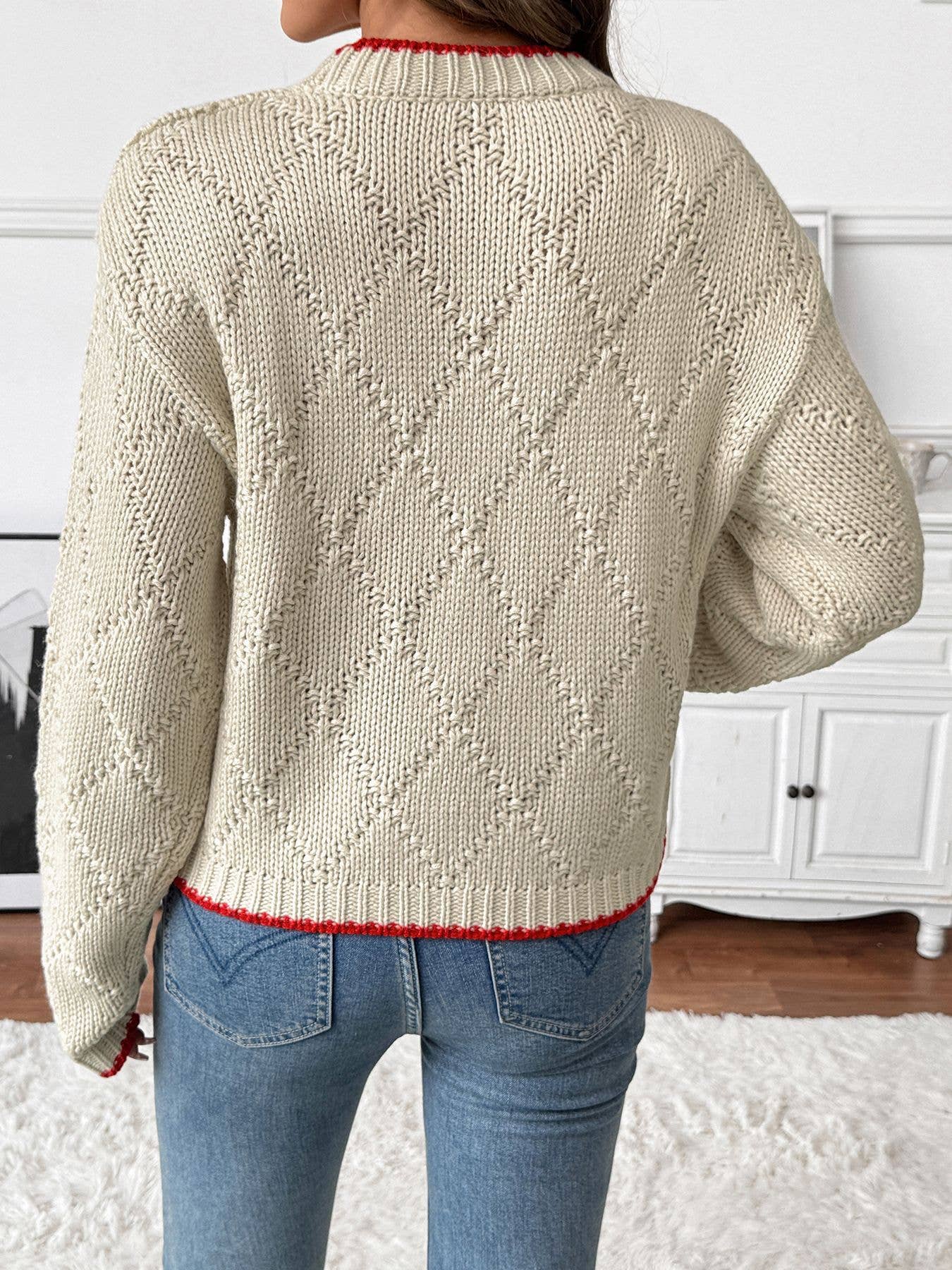 Beige Fish Pattern Knit Sweater with Contrast Trim for wholesale on Faire5