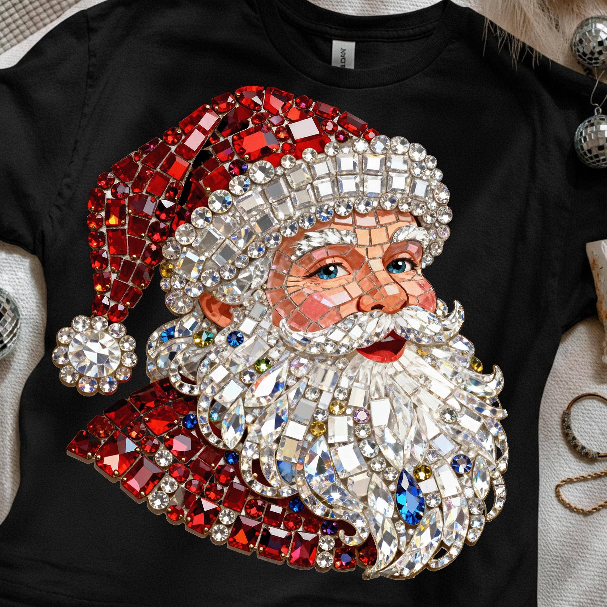 DLT Ecommerce - Wholesale T-Shirt (Graphic) - Women's - Faux Rhinestone Santa Shirt, Bling Christmas Sweatshirt0