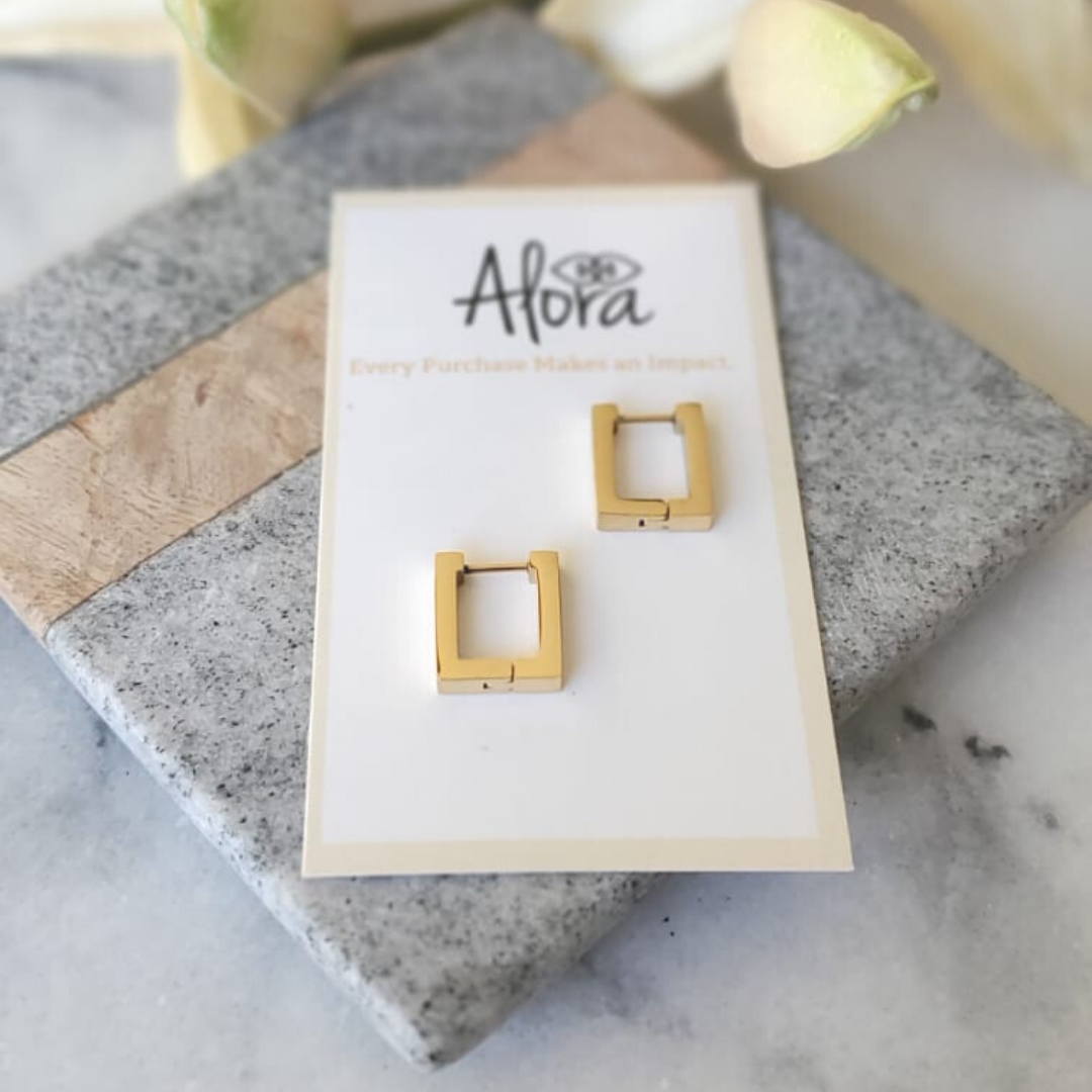 Alora Boutique Inc. - Wholesale Huggie Earrings - Kelly | Simple Rectangle Huggie Hoop Earrings0