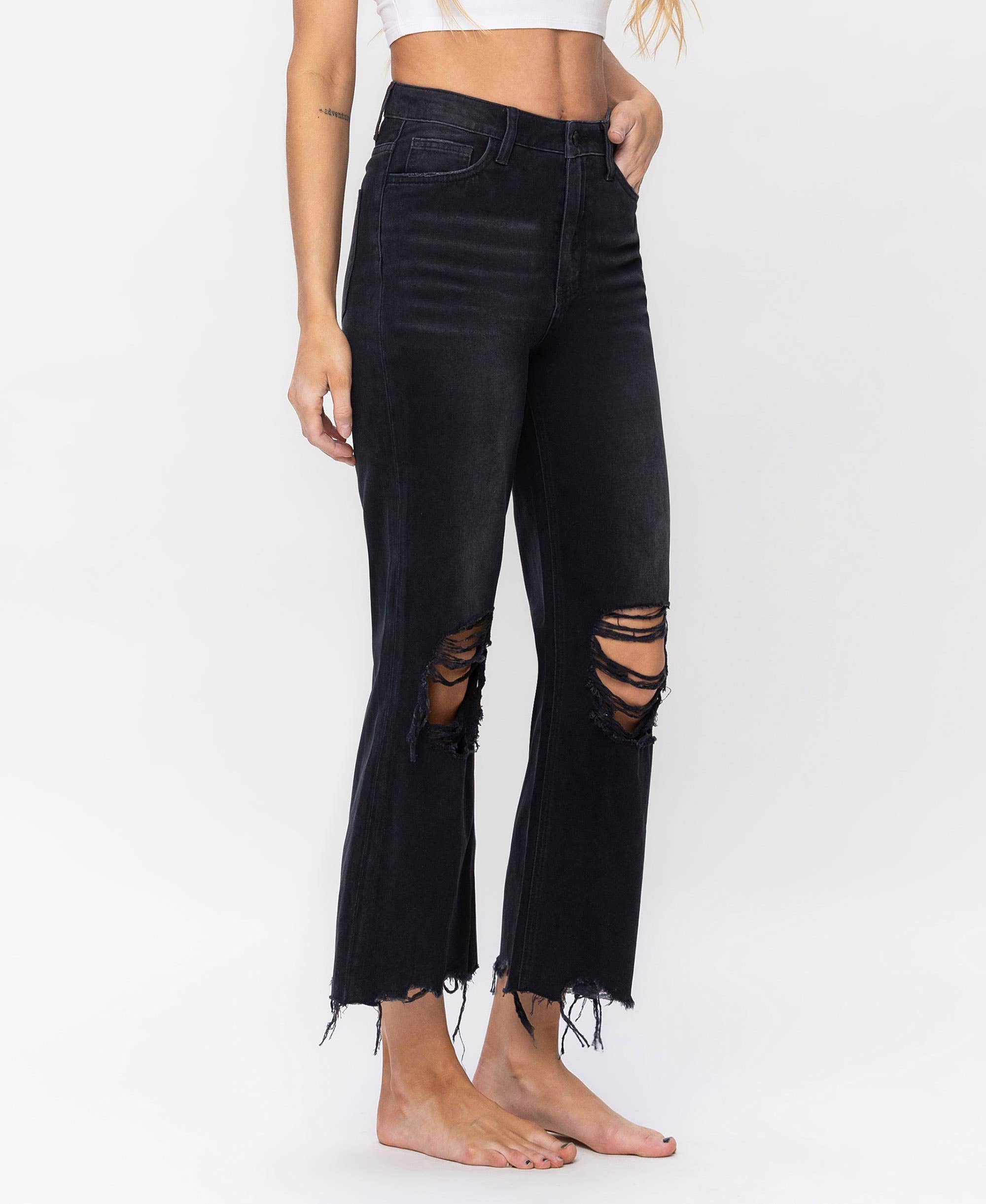 BLACK 90'S VINTAGE SUPER HIGH RISE CROP FLARE JEANS V2736BK for wholesale on Faire2
