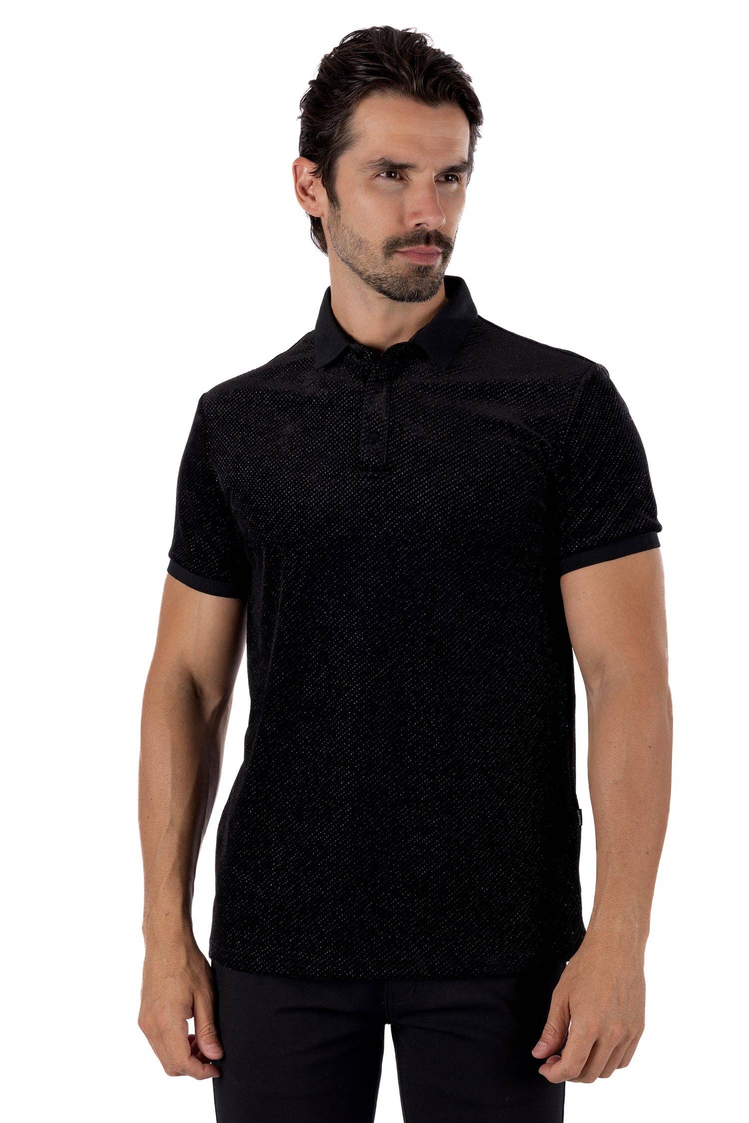 Black Black Men's Textured Shiny Stretch Polo Shirts SP702 for wholesale on Faire3