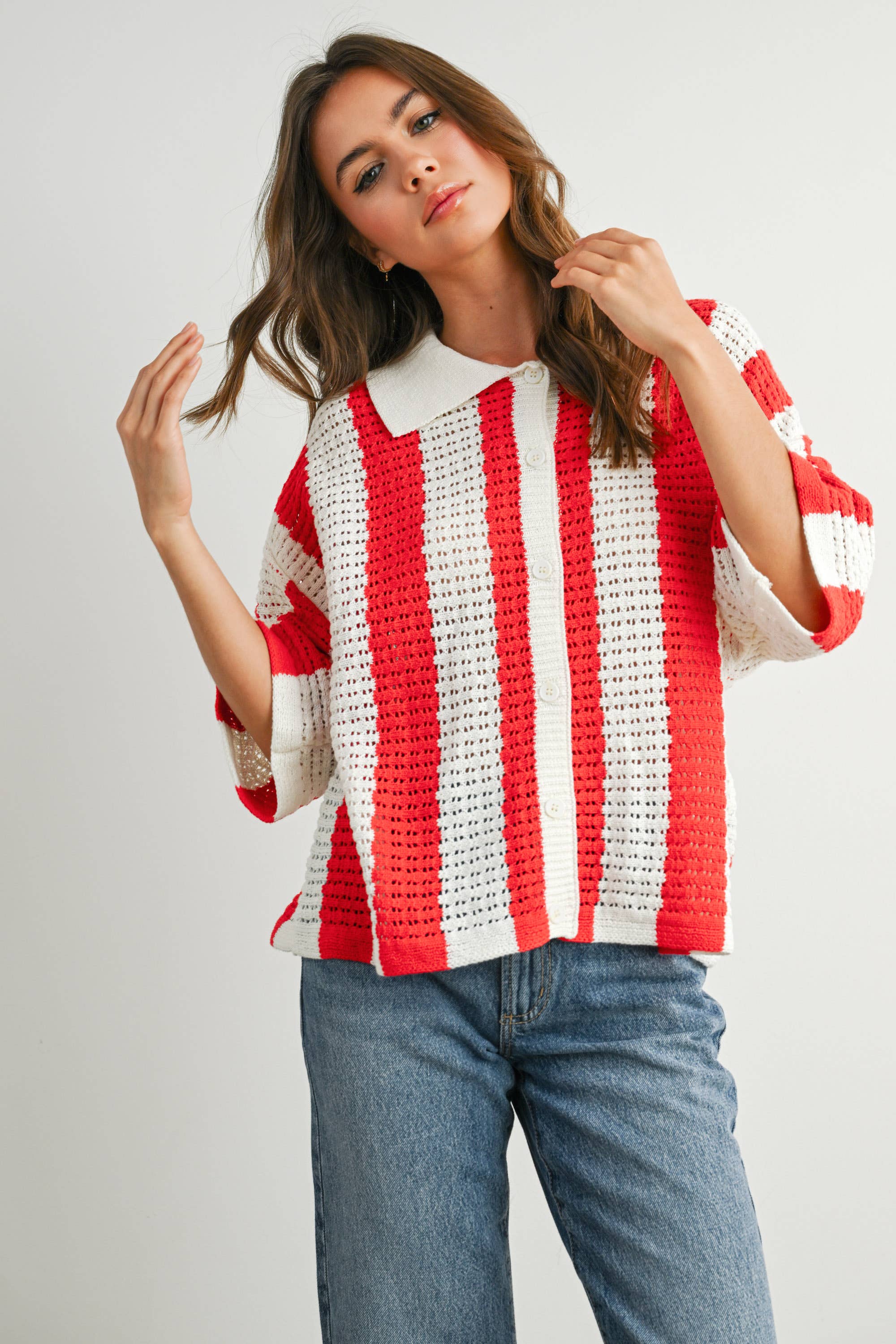 BUTTERMELON - Venta al por mayor Jersey de punto - Mujer - Jersey de Punto a Rayas con Botones - BMW774230