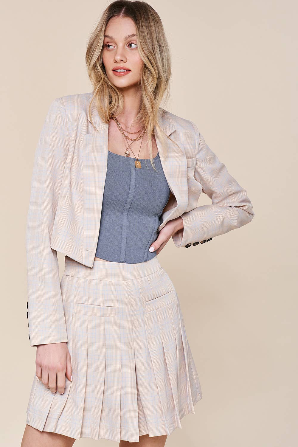 Listicle - Wholesale Top & Short Set (NOT Loungewear) - Women's - Plaid Cropped Blazer & Pleated Skort Set LSET12528