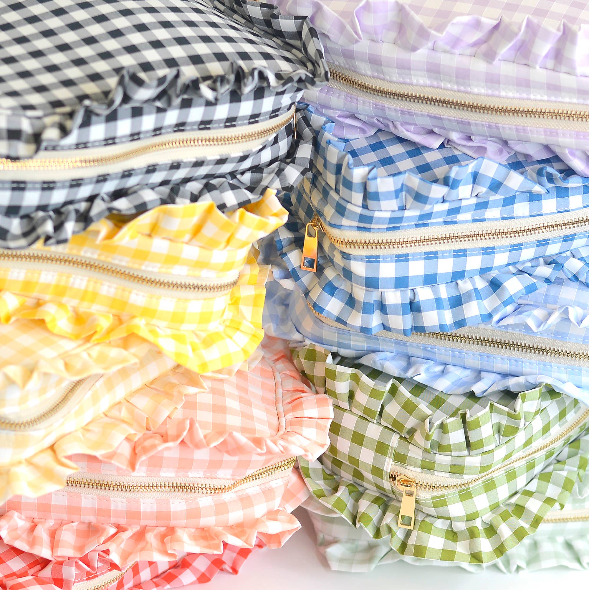 Mugsby - Wholesale Makeup/Cosmetic Bag - Gingham Ruffle Zipper Pouch Embroidery Friendly Cosmetic Bag5