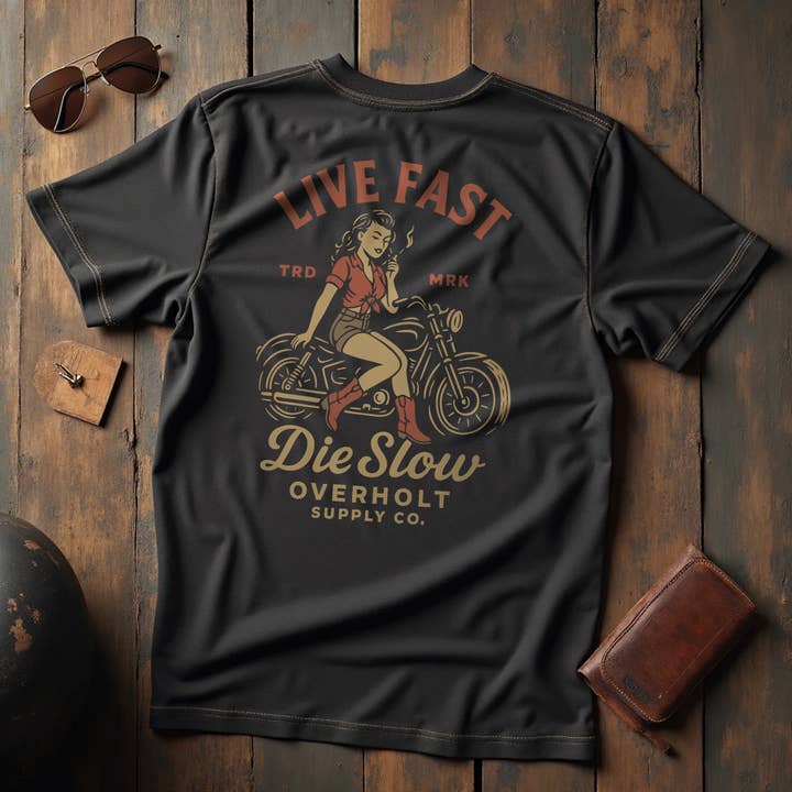 OSC-110 — T-shirt "Vivre vite, mourir lentement" pour la vente par Overholt Supply Co.