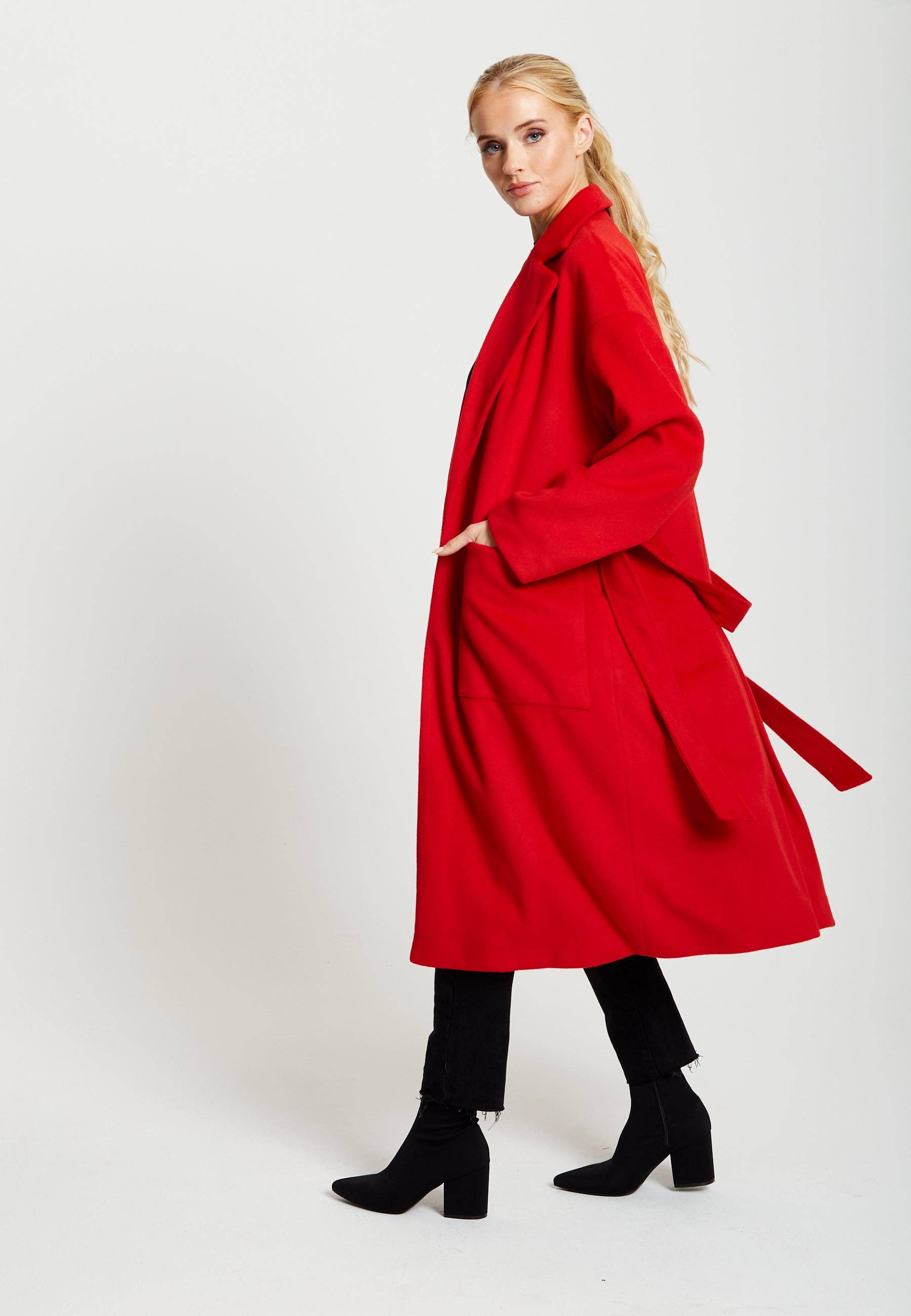 Liquorish Belted Longline Coat In Red for wholesale on Faire7