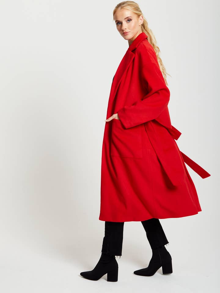 Liquorish Belted Longline Coat In Red for wholesale on Faire7