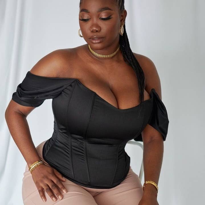 'Regina' Black Fuller Bust Off Shoulder Corset Top for wholesale by Taideux