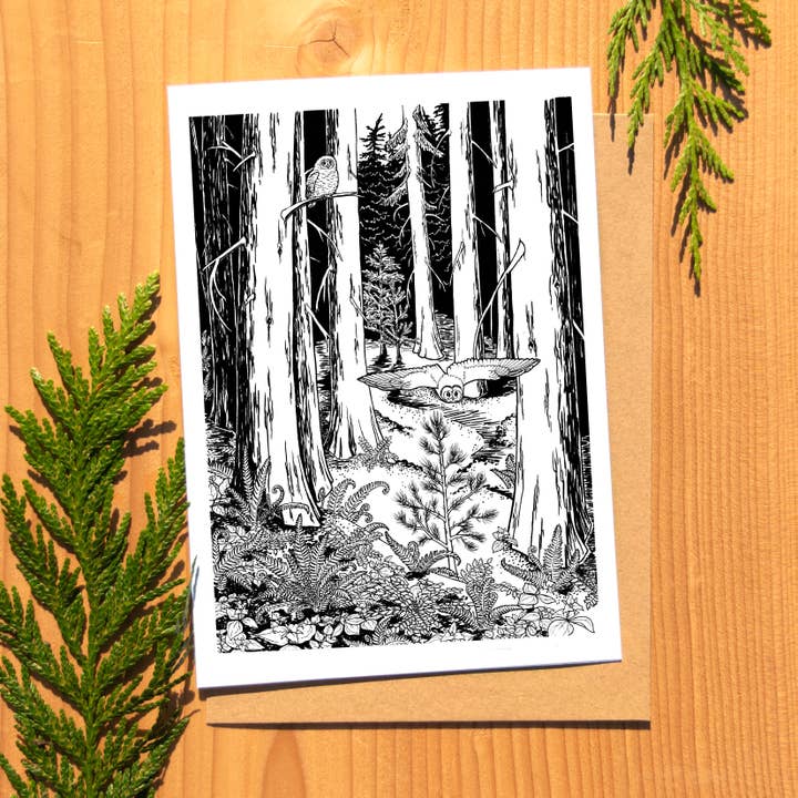 Owls in the Forest 5x7 Fine Art Card 100% Recycled Envelope for wholesale by Laurel Mundy Illustration