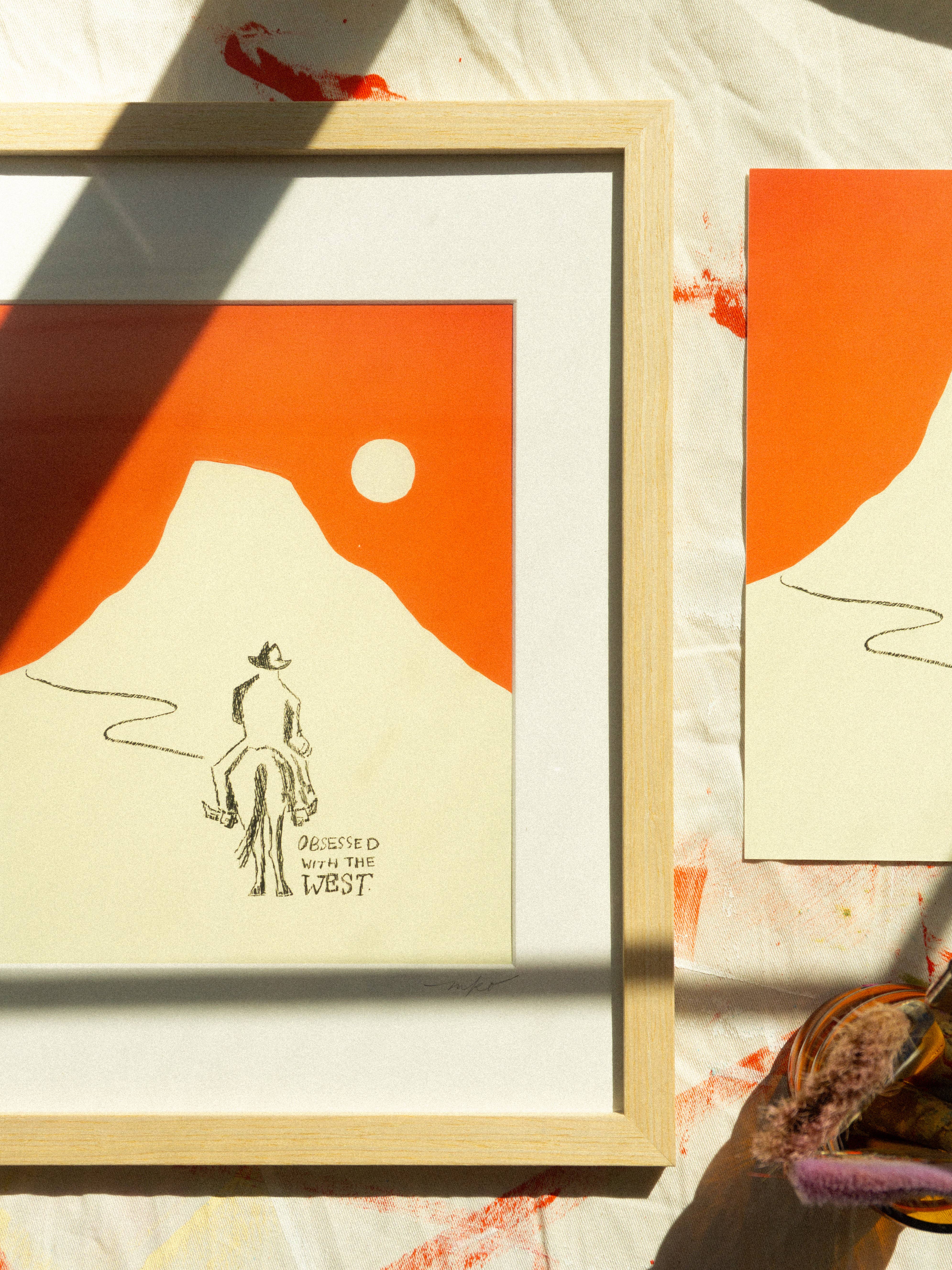 Mel K. Olrich Art - Wholesale Art Print - Cowboy riding off into the sunset, modern western wall art2