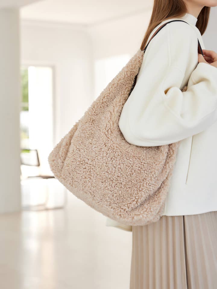 Women's Faux Shearling & Genuine Leather Hobo Handbag for wholesale by Aavion