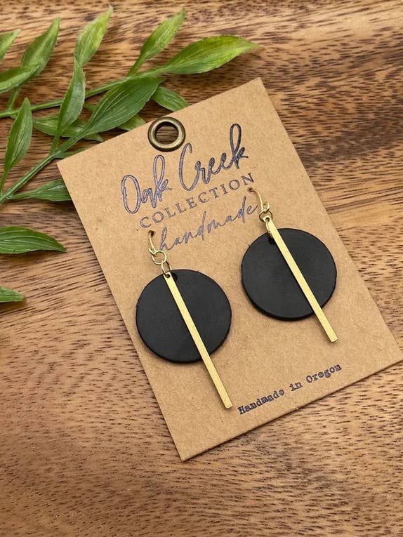 Leather Round w/Gold Bar Earring 1 5/8" - 2 Colors for wholesale by Oak Creek Collection Handmade
