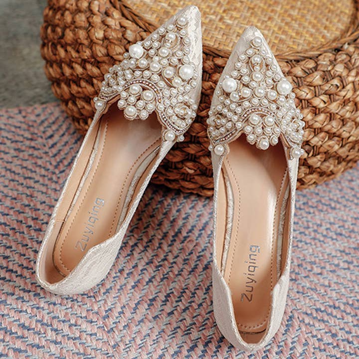 ACCITY - Wholesale Flats - Women's - Lace Pearl Ballet Flats for Women, Bridal Style_CWSHF001019