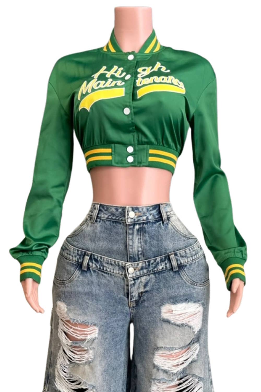 GRØN NT1016A Satin Varsity Crop Jakke med Broderede Detaljer for engroshandel på Faire1